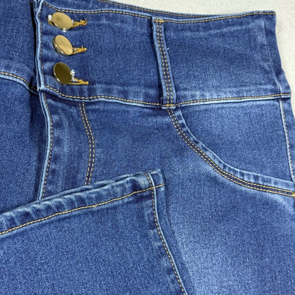 Miss Chic High Waisted Skinny Jeans Blue Denim Colombian Made Three Button Rise